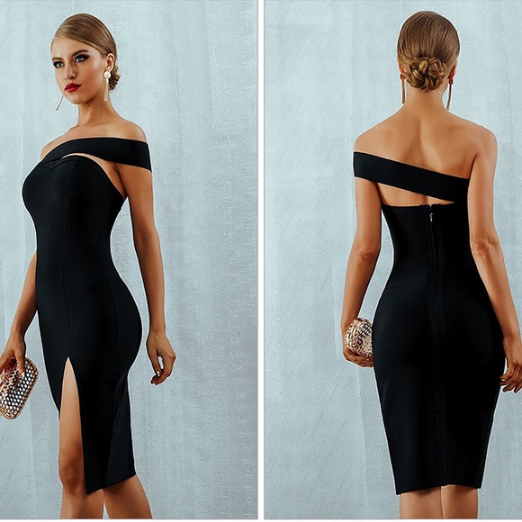 Bandage Cut Out One Shoulder Sexy Slit Bodycon Pencil Dress Black - Picture 2 of 6